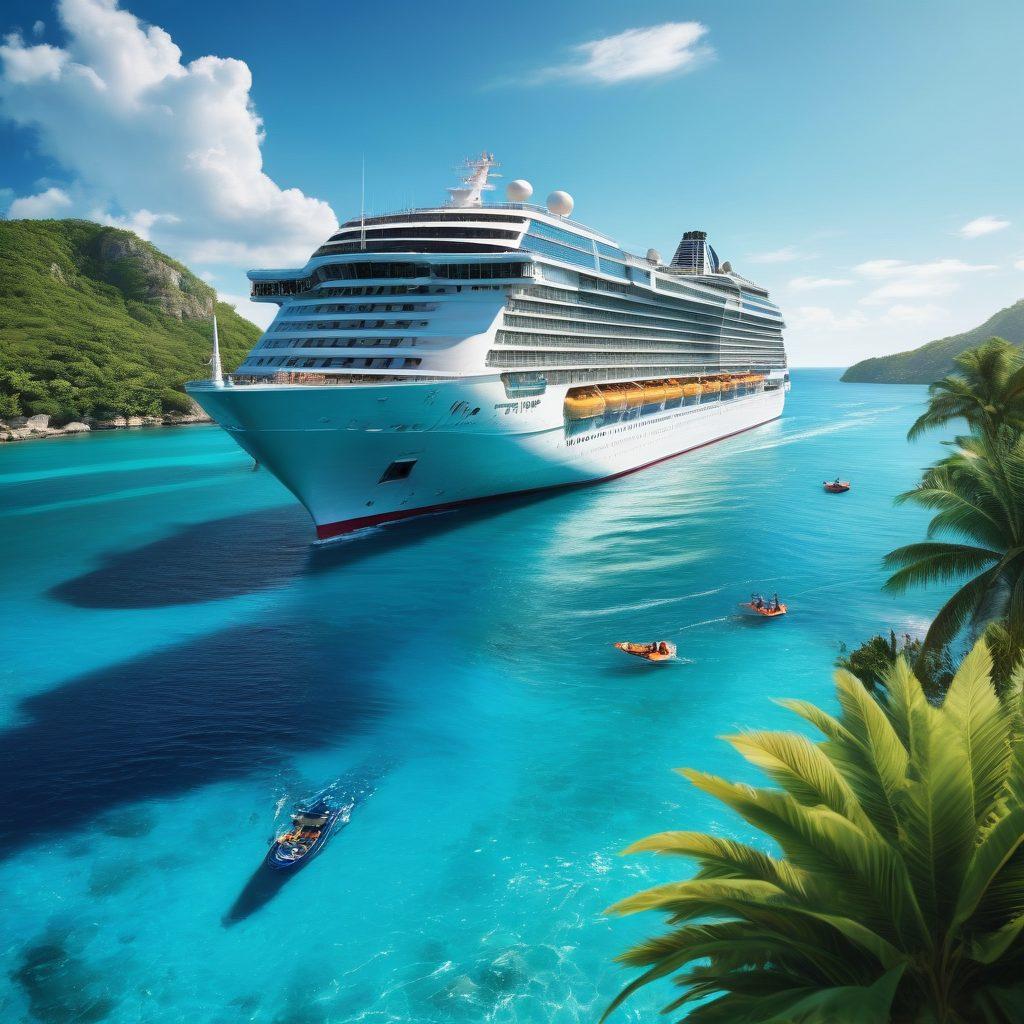A majestic cruise ship gliding through sparkling turquoise waters, surrounded by tropical islands under a bright blue sky. Include enthusiastic passengers enjoying onboard activities such as lounging by the pool and dining al fresco with stunning ocean views. Emphasize the sense of adventure and opportunity in the flourishing cruise industry. The vibrant colors capturing the essence of a sunny day at sea. super-realistic. vibrant colors. 3D.