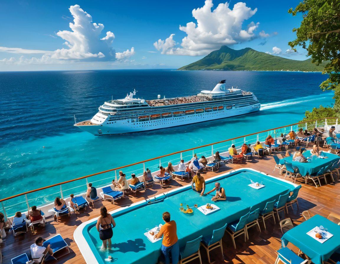A majestic cruise ship sailing across a turquoise ocean, with a backdrop of sunny skies and distant tropical islands. The scene includes a diverse group of people of varying ages and backgrounds joyfully enjoying various onboard activities, such as dining, pools, and entertainment. Bright, inviting colors evoke a sense of adventure and fulfillment in finding one's dream job in the cruise industry. super-realistic. vibrant colors. tropical theme.