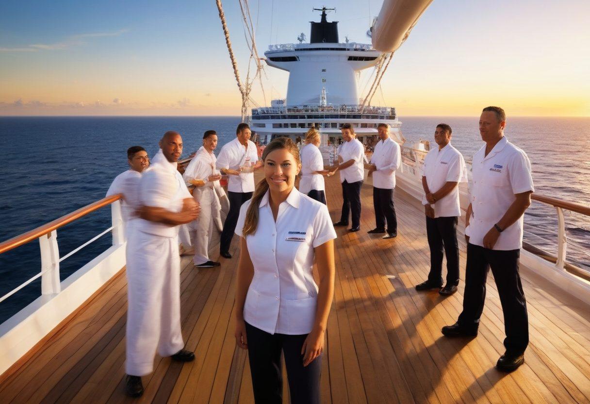 A dynamic scene depicting a diverse group of maritime professionals on a cruise ship deck, showcasing individuals in different roles like a deckhand, a cook, and a captain. The background features a gorgeous ocean view with a vibrant sunset, creating a sense of adventure and opportunity. Include elements like ropes, navigation tools, and a cruise ship in motion to represent the maritime world. super-realistic. vibrant colors. expansive ocean backdrop.